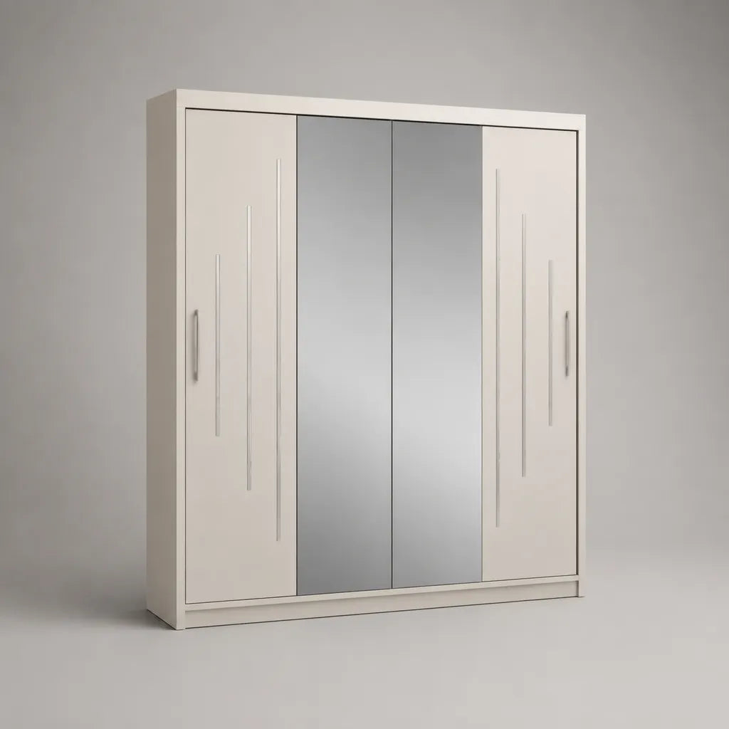 Armadio guardaroba a 4 ante battenti con 2 specchi, bianco e argento, 180 × 52 × 210 cm