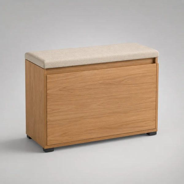 Scarpiera con panca, anta a ribalta in legno e seduta in tessuto, rovere naturale e beige, 80 × 30 × 50 cm