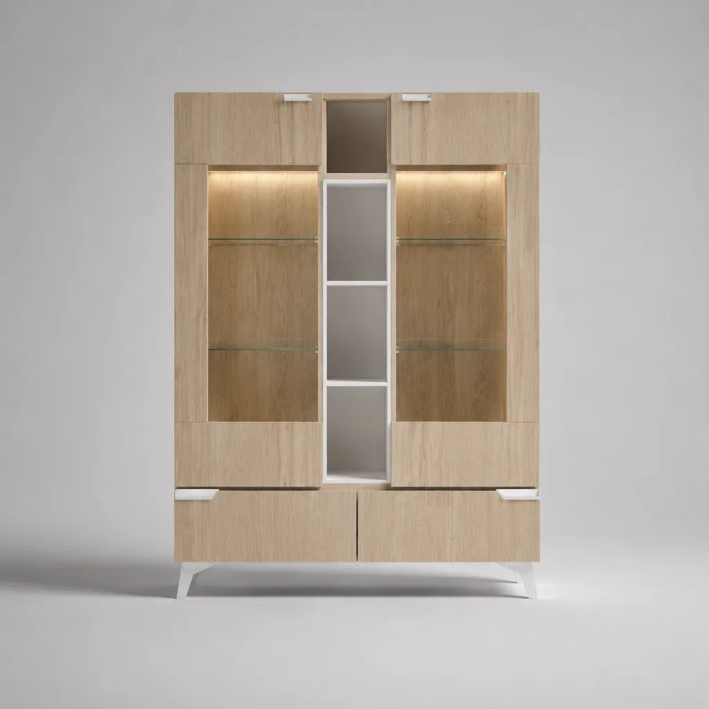 Vetrina in MDF impiallacciato rovere con ripiani in vetro e illuminazione LED, 150 × 40 × 190 cm, rovere chiaro e bianco
