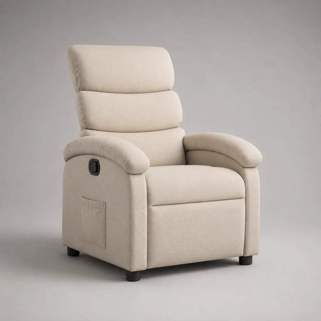 Poltrona reclinabile manuale in tessuto crema con schienale alto e poggiapiedi, 76 × 90 × 105 cm