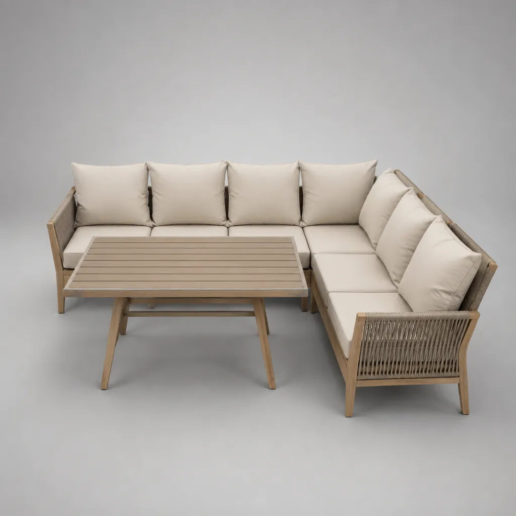 Set da giardino con divano angolare a 7 posti e tavolo rettangolare in legno massello di acacia e corda beige, 250 x 250 x 80 cm