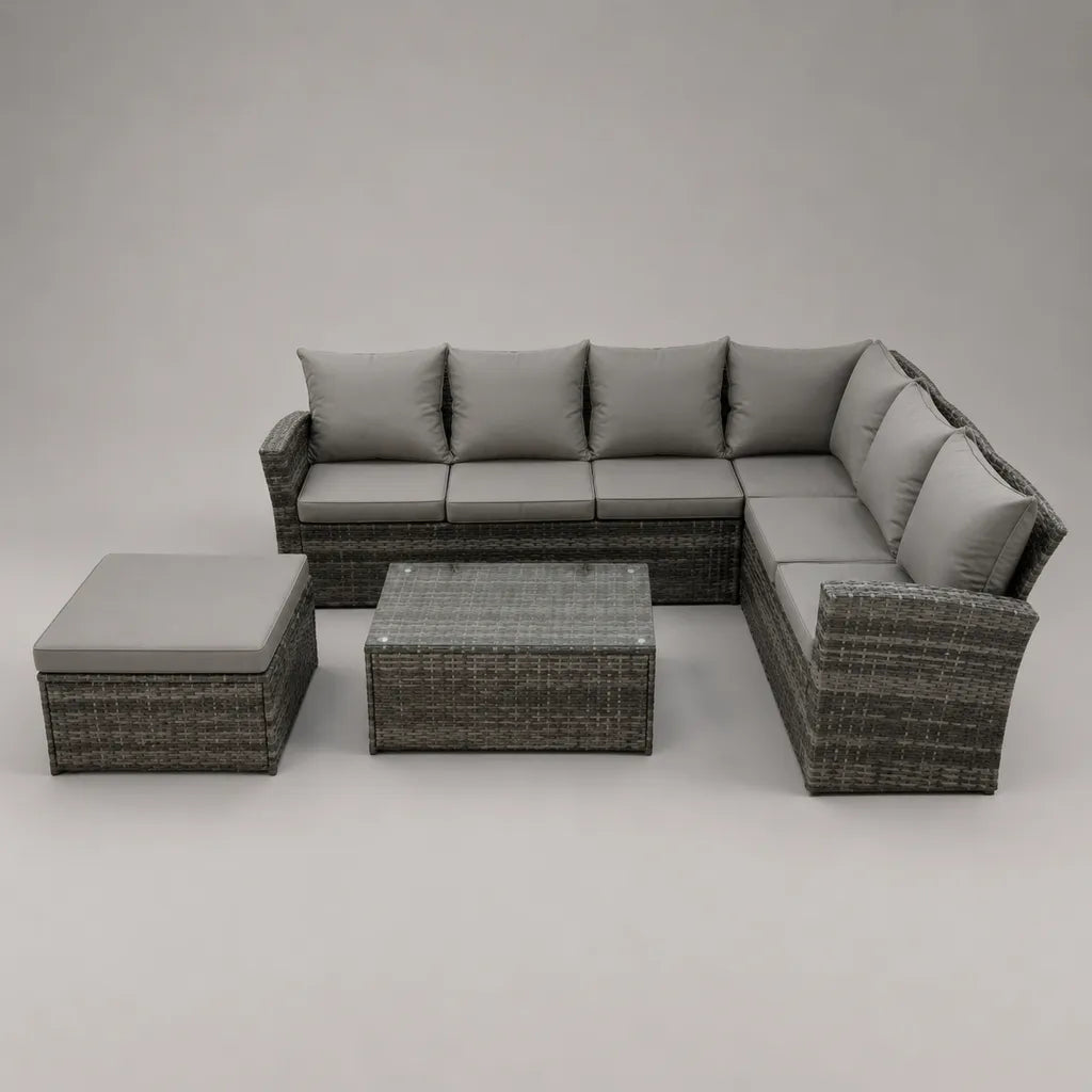Set salotto da giardino 3 pezzi grigio, divano angolare 6 posti in rattan PE e acciaio 260 × 200 × 75 cm con tavolino, pouf e cuscini