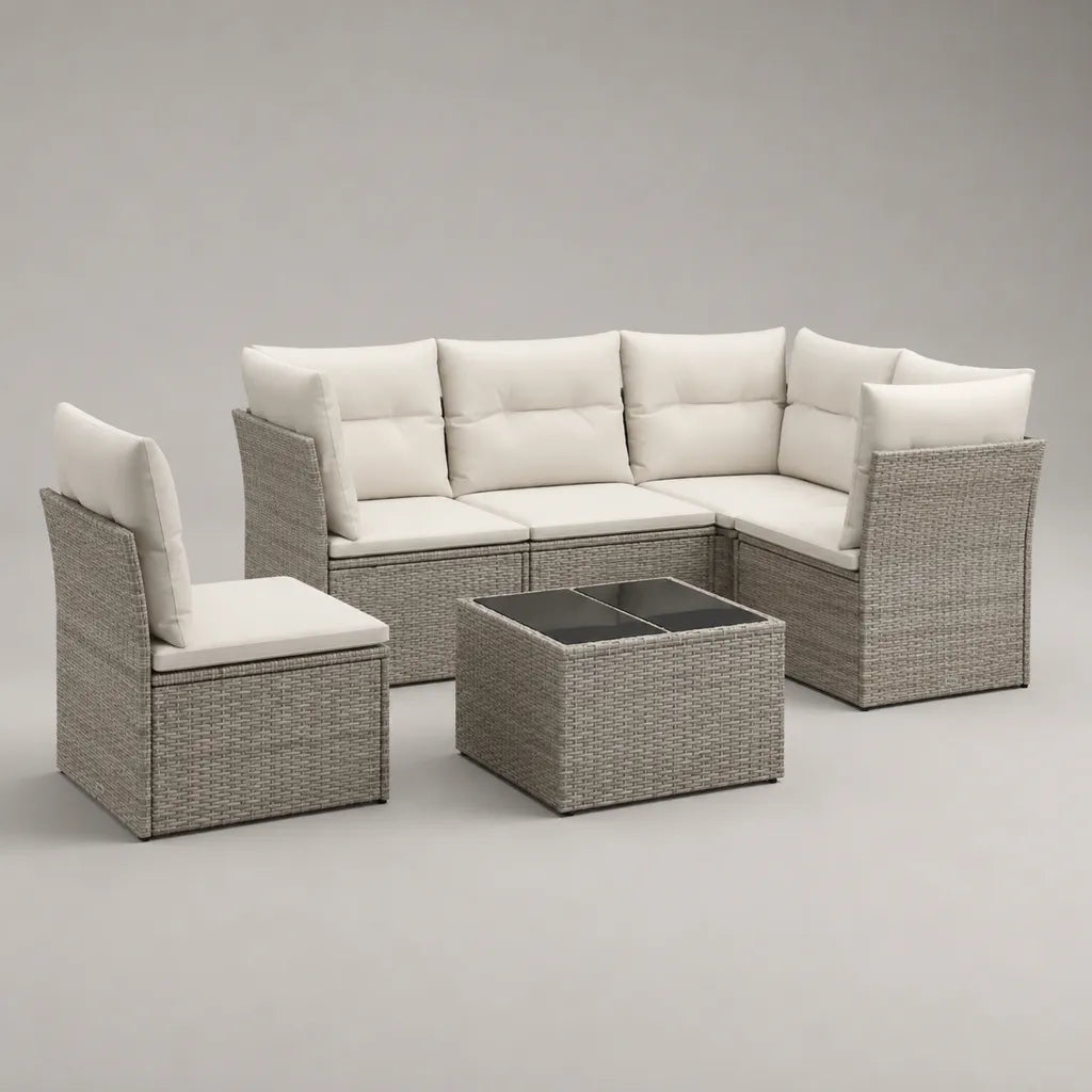 Set da giardino angolare a L 6 pezzi in polyrattan e acciaio con cuscini crema e tavolino, grigio, 204 x 136 x 74 cm