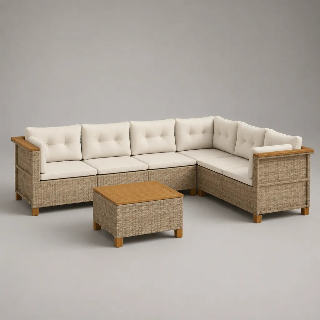 Set salotto da giardino 5 pezzi con divano angolare a 4 posti in rattan PE beige e legno di acacia, cuscini crema e tavolino, 260 × 200 × 78 cm