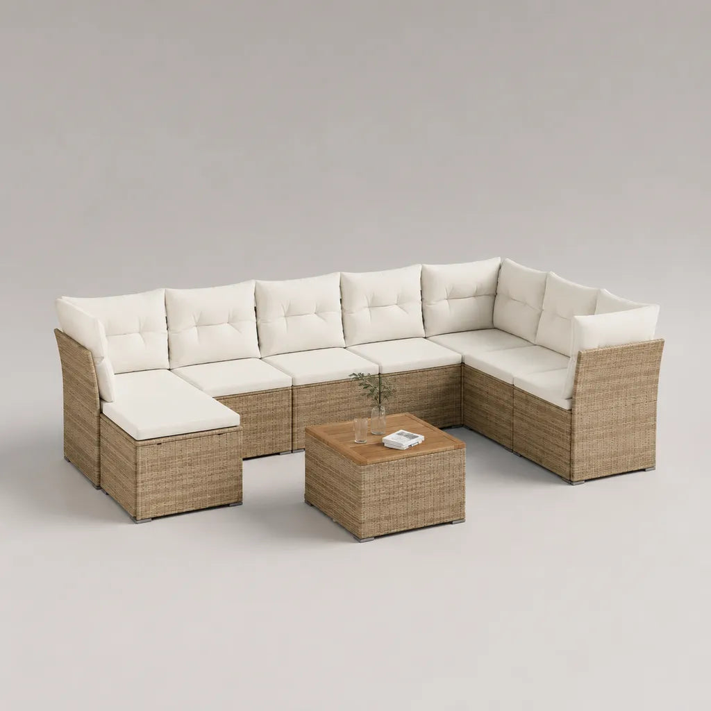 Set divano da giardino modulare a U 8 pezzi, 7 posti, in polyrattan PE beige con cuscini crema e tavolino marrone chiaro, 315 x 198 x 72 cm
