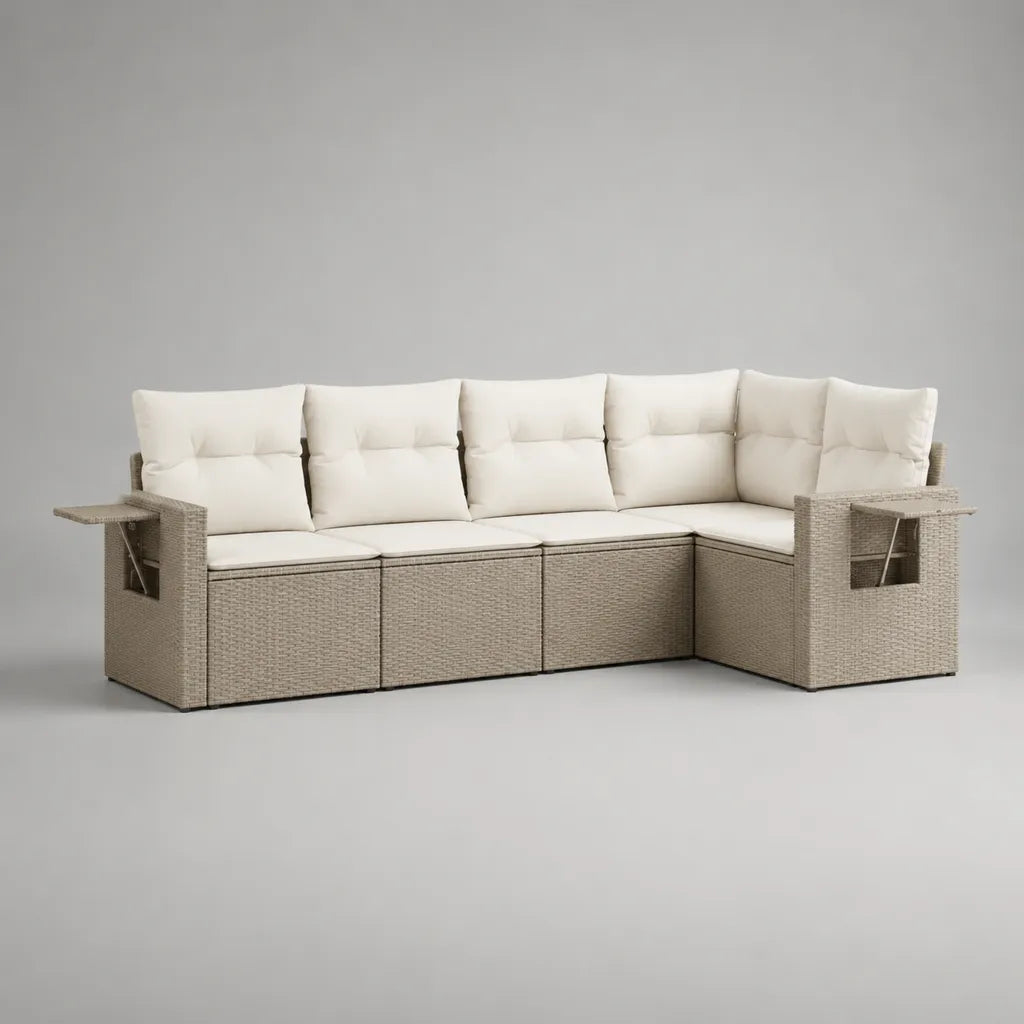 Divano angolare modulare da esterno a 4 posti in rattan PE beige con cuscini crema, 280 x 205 x 85 cm