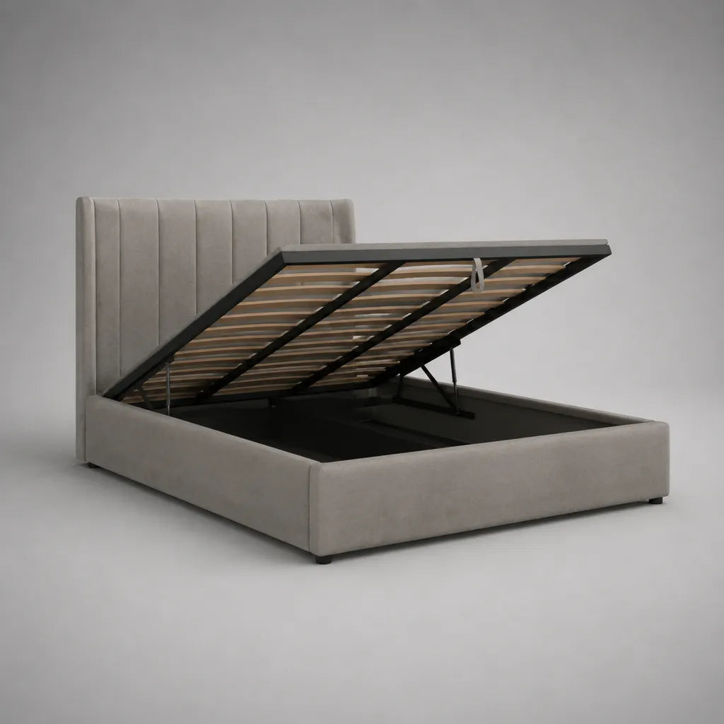 Letto matrimoniale contenitore 160 x 200 cm in velluto grigio chiaro con rete a doghe e apertura a gas, 174 x 216 x 112 cm