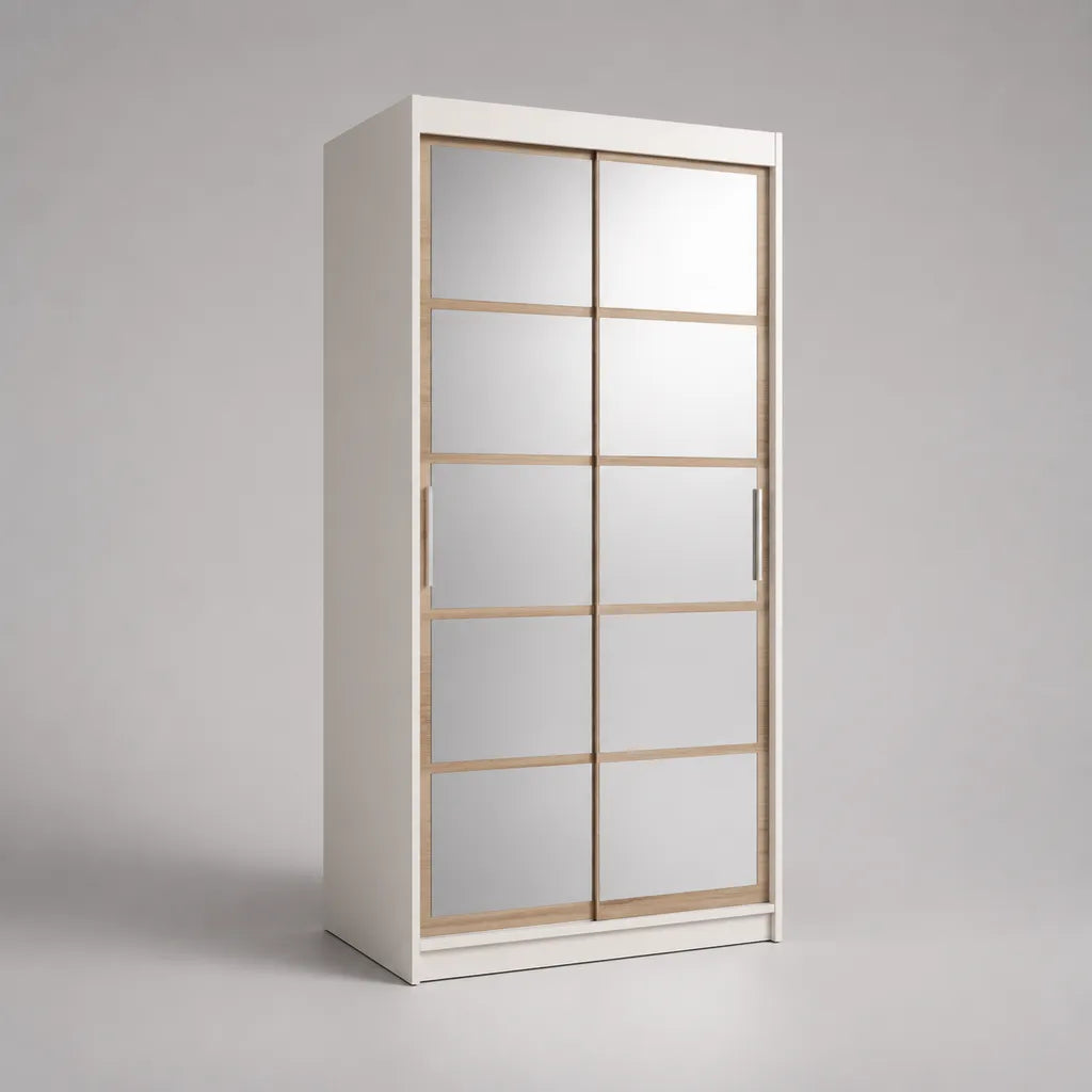 Armadio guardaroba rettangolare con 2 ante scorrevoli specchiate, bianco e rovere naturale, 100 x 50 x 200 cm