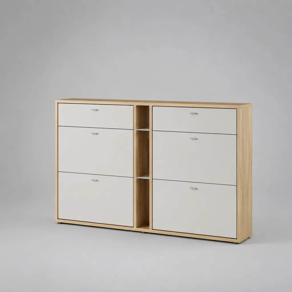 Scarpiera rettangolare in legno con 6 ante a ribalta e 3 vani aperti, rovere chiaro e bianco, 160 x 24 x 100 cm