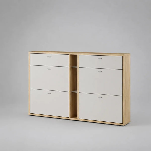 Scarpiera rettangolare in legno con 6 ante a ribalta e 3 vani aperti, rovere chiaro e bianco, 160 x 24 x 100 cm