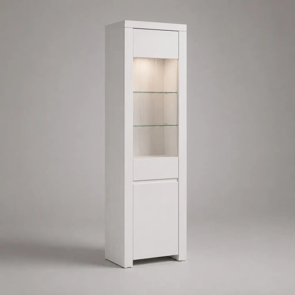 Vetrina espositiva LED bianca in MDF con anta e 2 ripiani in vetro, 45 × 37 × 190 cm
