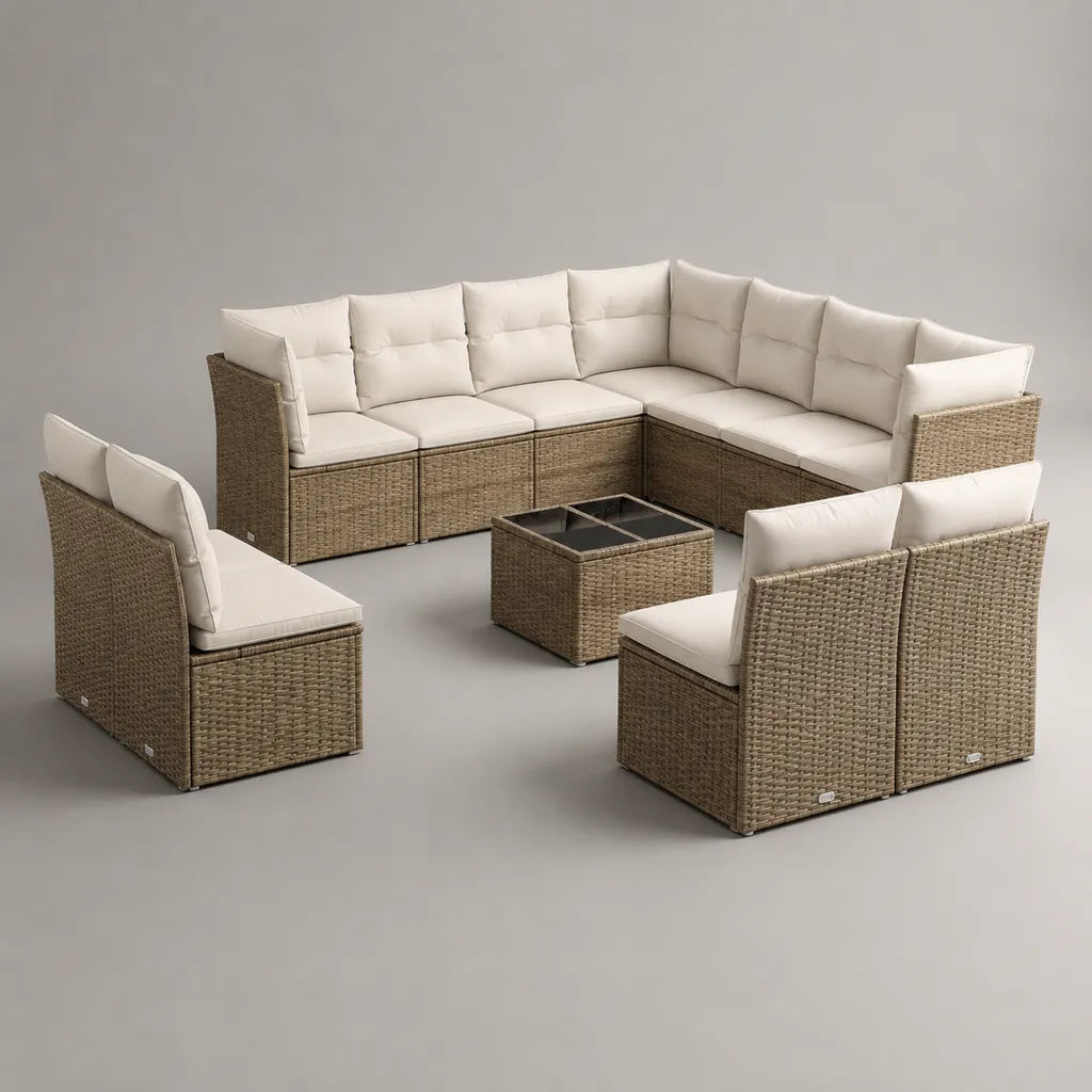 Set da giardino modulare a U 10 pezzi in rattan PE tortora con cuscini beige crema, 9 sedute da 68 x 68 x 65 cm e tavolino da 60 x 60 x 35 cm