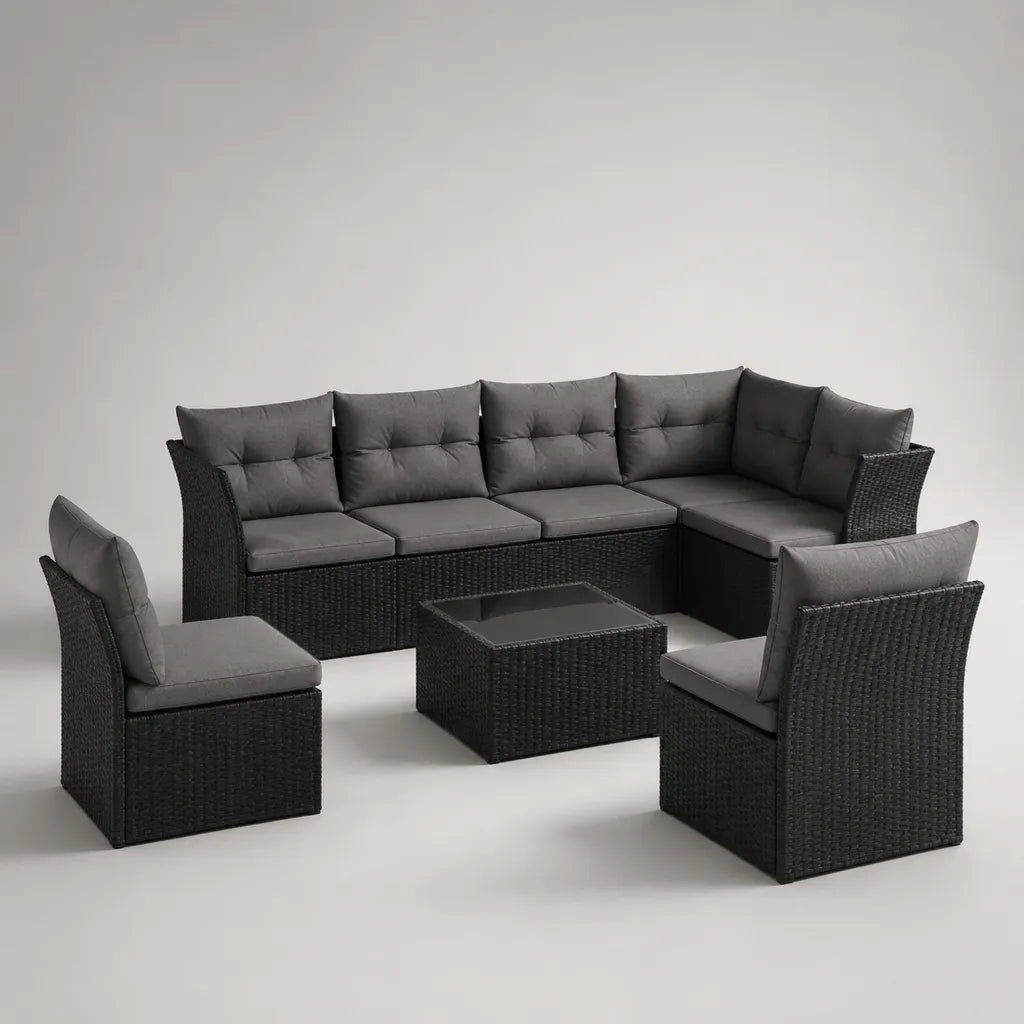 Set salotto da giardino 5 pezzi, 6 posti, in rattan sintetico nero con cuscini grigio scuro, divano angolare 240 x 170 x 76 cm