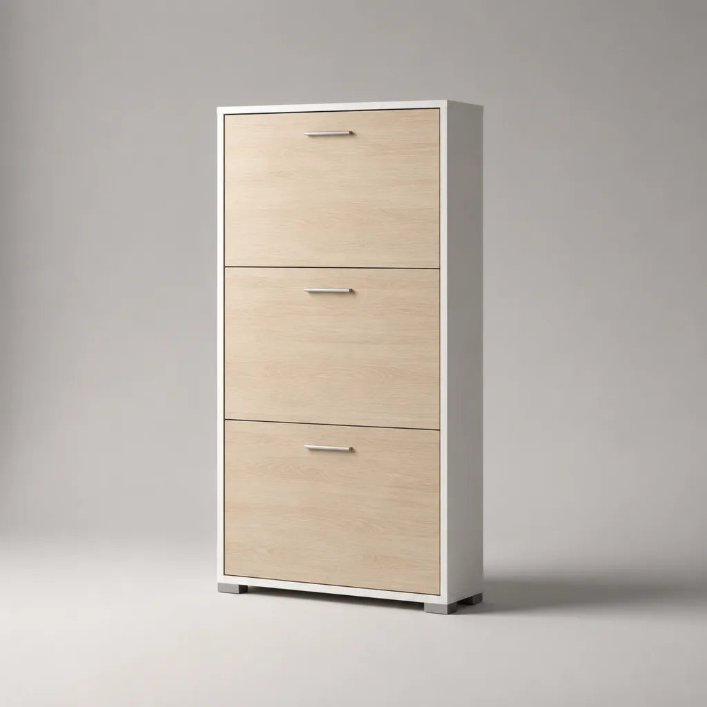 Scarpiera in pannello truciolare con 3 ante a ribalta, bianco e rovere chiaro, 60 x 24 x 120 cm