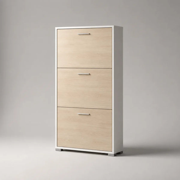Scarpiera in pannello truciolare con 3 ante a ribalta, bianco e rovere chiaro, 60 x 24 x 120 cm