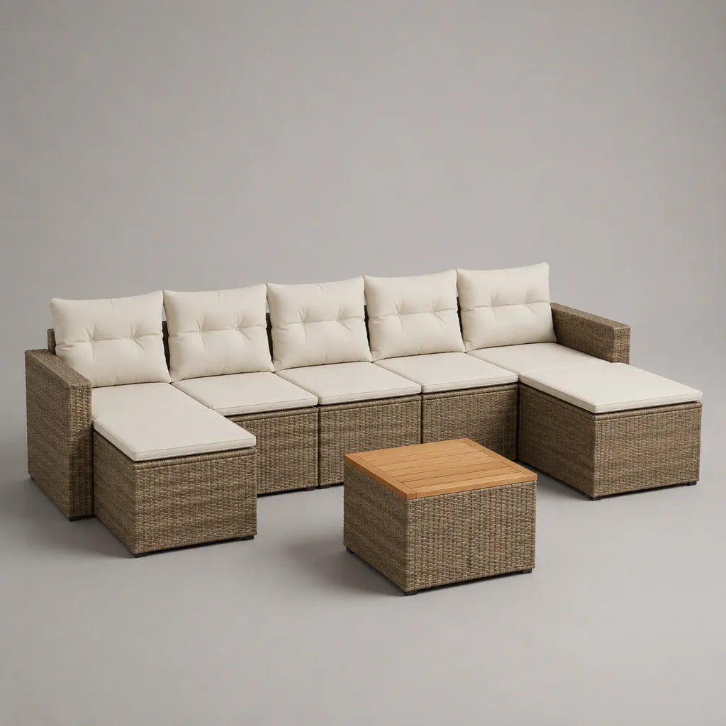 Set divano modulare da esterno a U in rattan PE, 6 pezzi con tavolino, marrone e beige, 300 × 160 × 75 cm