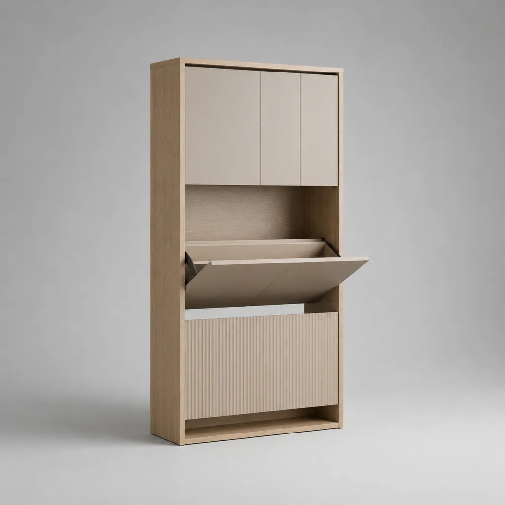 Scarpiera verticale in legno con 3 ante, vano aperto e 2 ribalte, rovere naturale e beige, 80 x 30 x 180 cm
