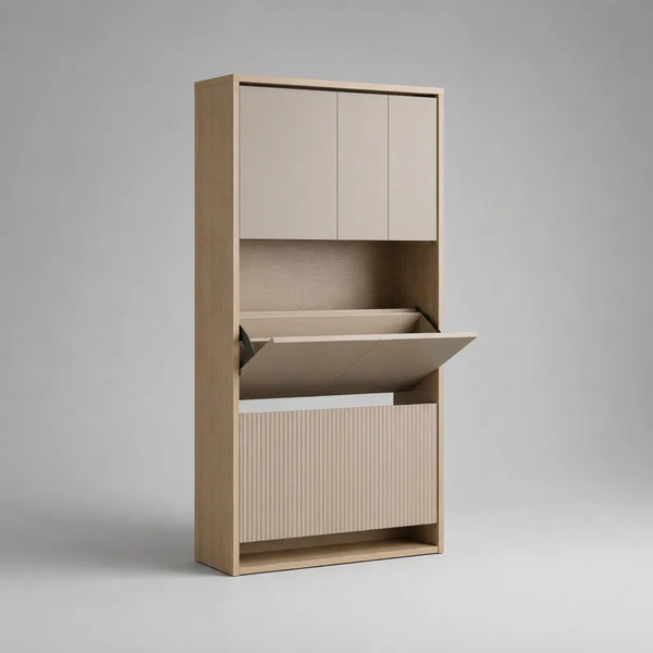 Scarpiera verticale in legno con 3 ante, vano aperto e 2 ribalte, rovere naturale e beige, 80 x 30 x 180 cm
