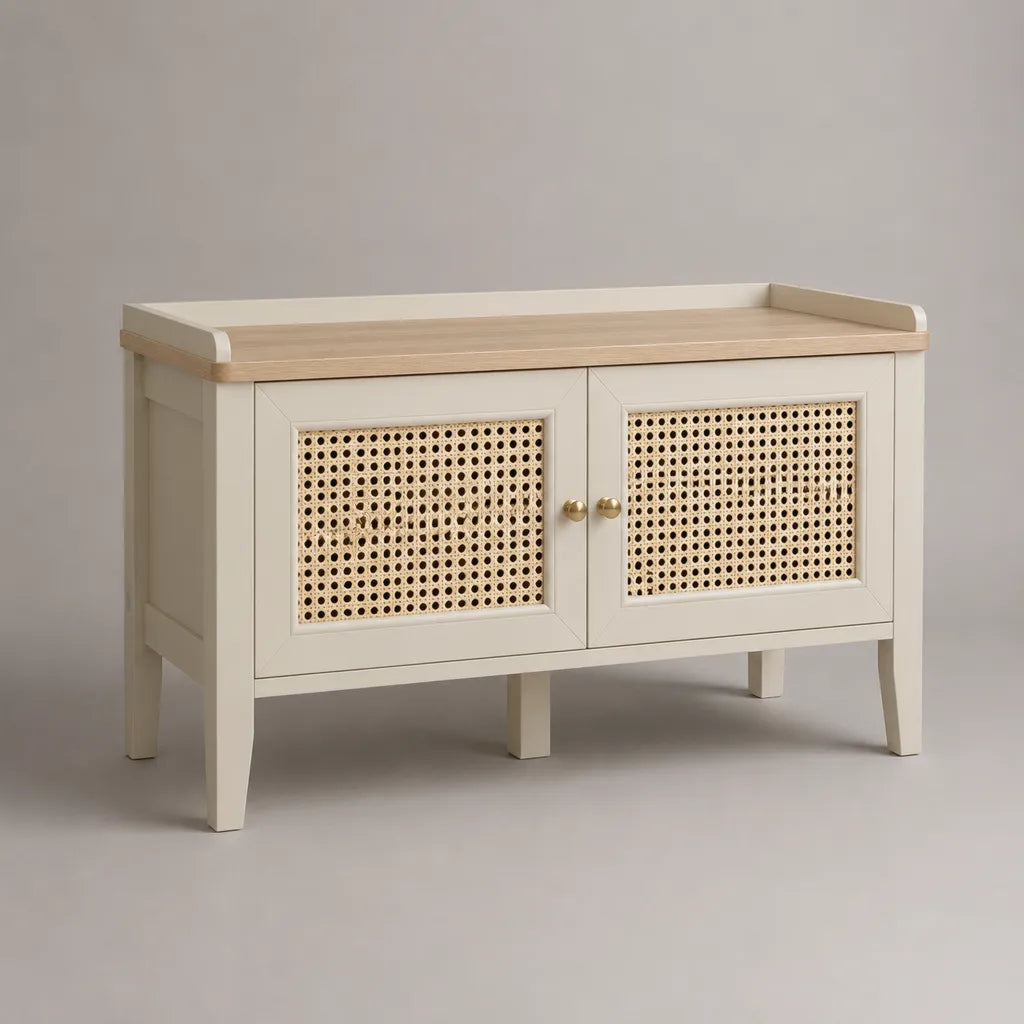 Mobile scarpiera rettangolare in legno, MDF e rattan con 2 ante, avorio e naturale, 100 x 40 x 80 cm