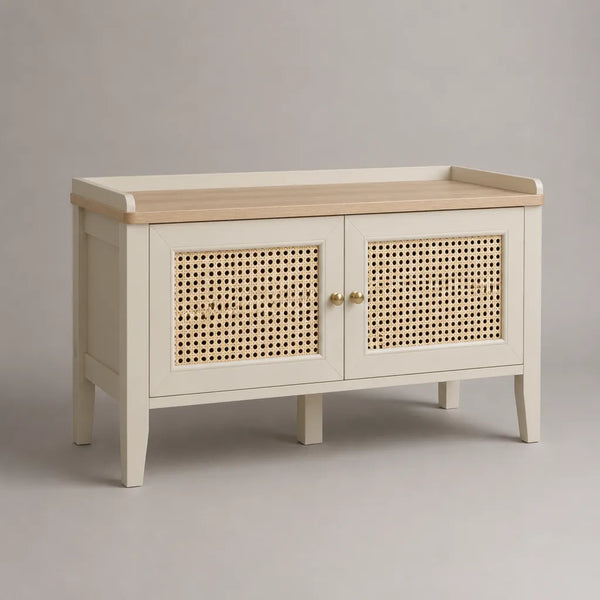 Mobile scarpiera rettangolare in legno, MDF e rattan con 2 ante, avorio e naturale, 100 x 40 x 80 cm