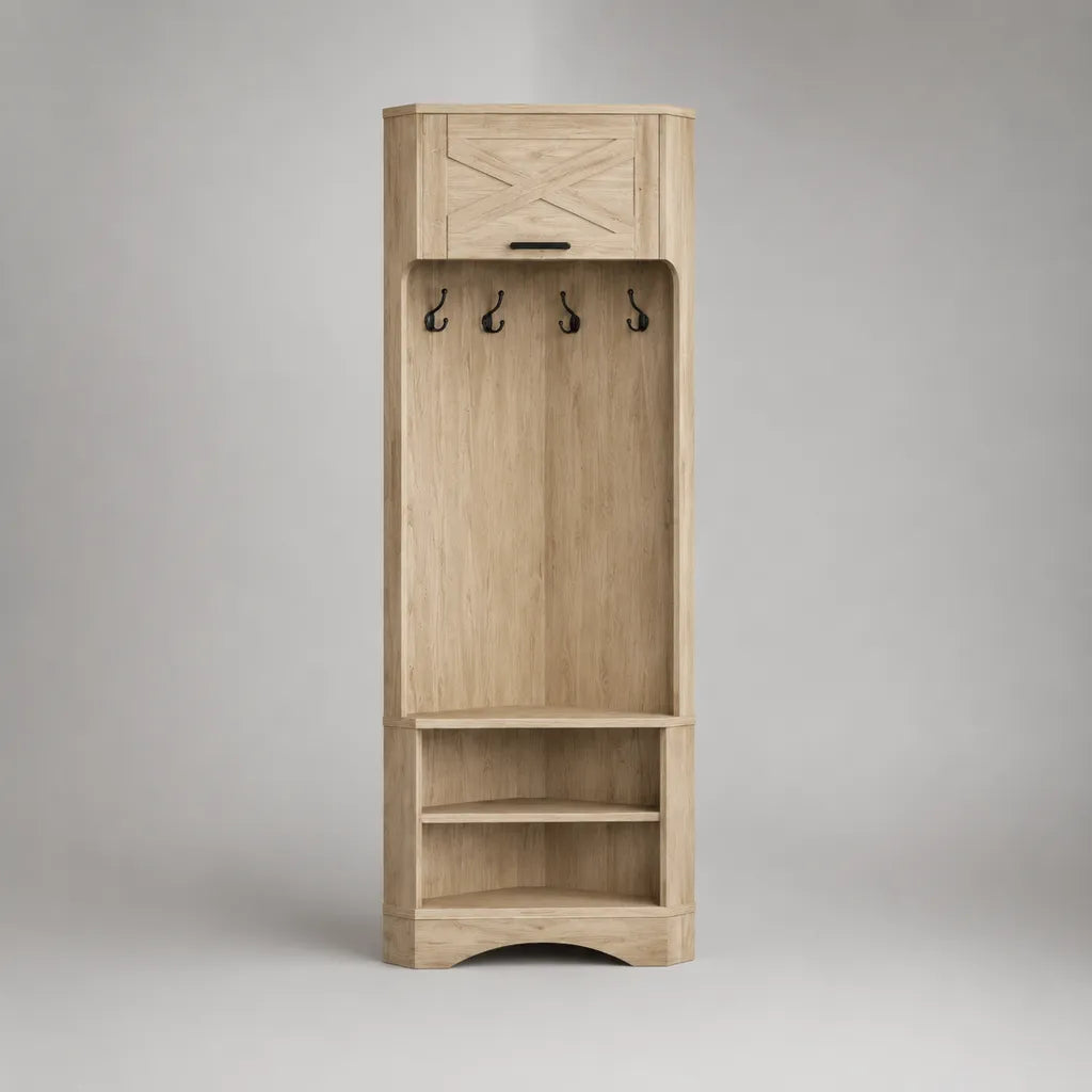 Mobile angolare da ingresso in legno rovere naturale e nero con 4 ganci, 2 ripiani e pensile, 60 x 45 x 190 cm