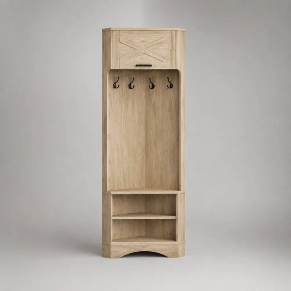 Mobile angolare da ingresso in legno rovere naturale e nero con 4 ganci, 2 ripiani e pensile, 60 x 45 x 190 cm