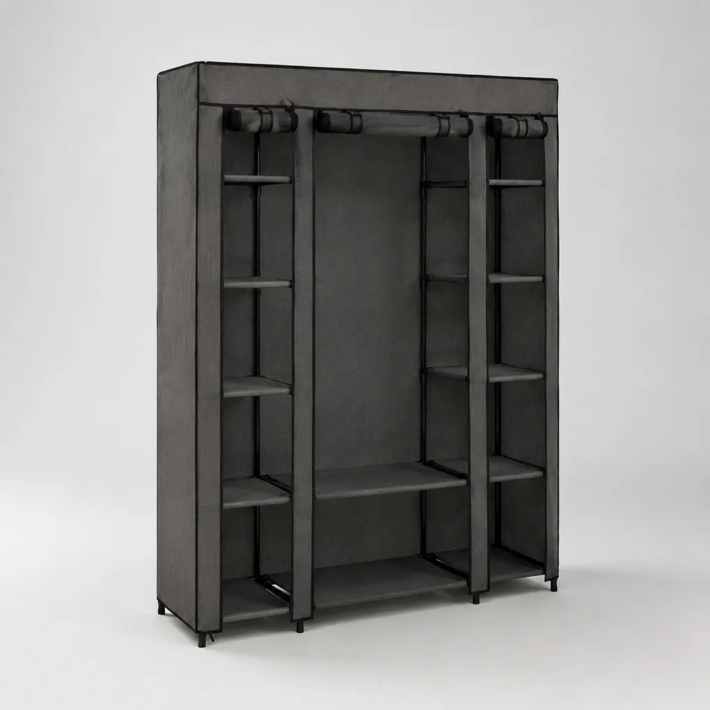 Armadio guardaroba portatile in poliestere e acciaio antracite e nero, 150 × 45 × 175 cm, con 12 ripiani e barra appendiabiti