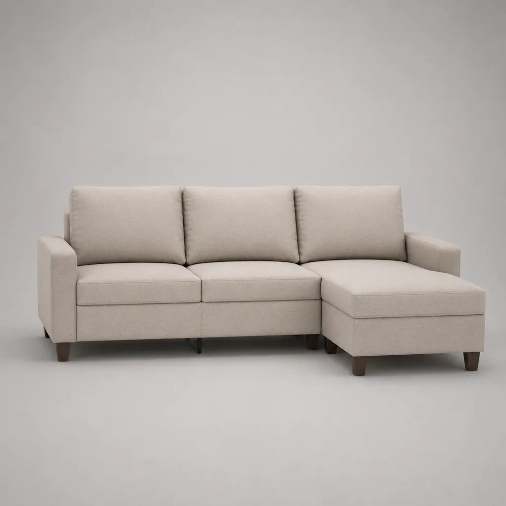 Divano angolare 3 posti in tessuto bouclé beige con penisola destra, 220 x 145 x 85 cm