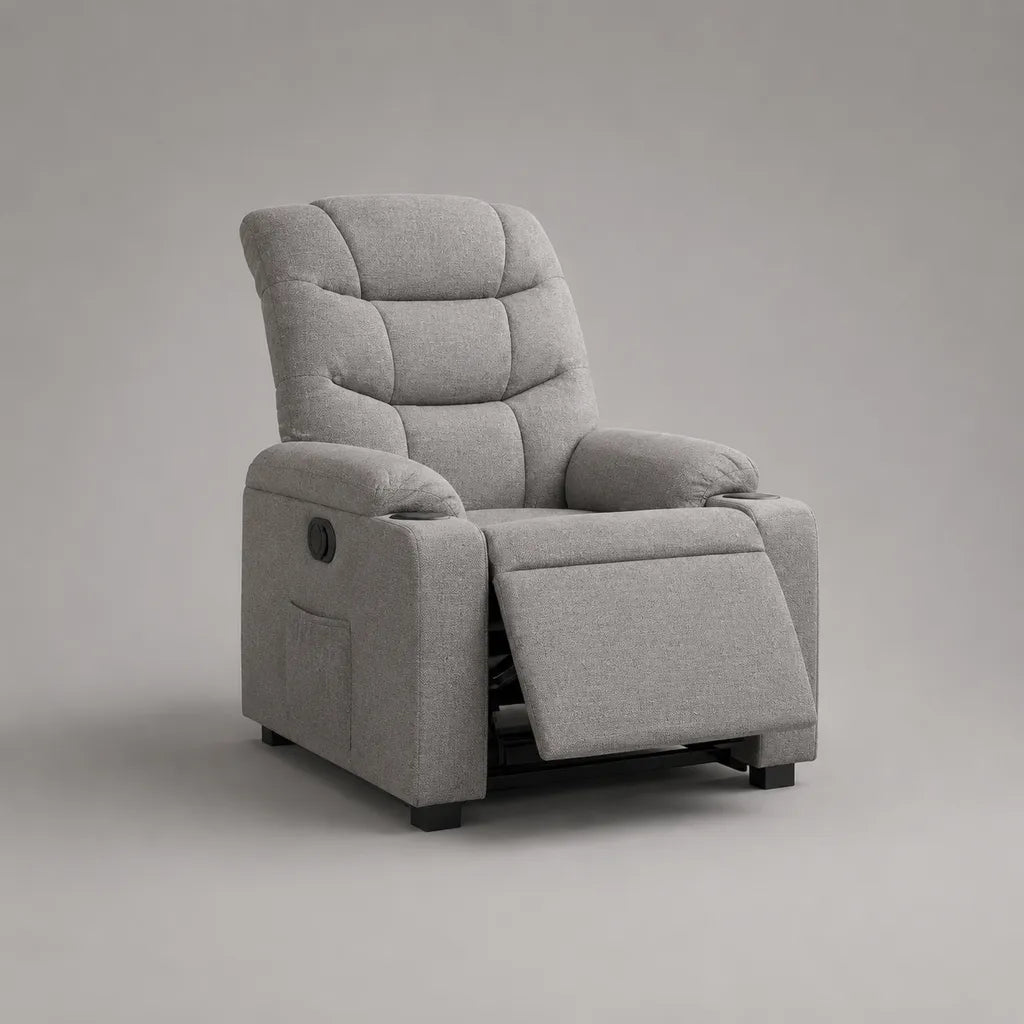 Poltrona reclinabile manuale in tessuto grigio chiaro con schienale alto, poggiapiedi e 2 portabicchieri, 94 x 96 x 105 cm