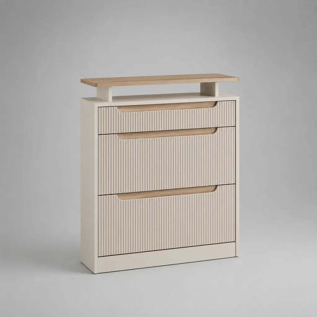 Scarpiera da interno a 3 ante ribaltabili in MDF e truciolare, beige e rovere chiaro, 82 x 24 x 108 cm