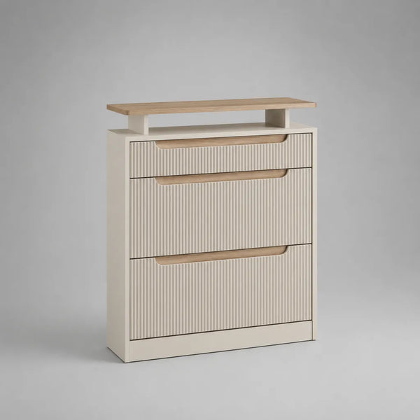 Scarpiera da interno a 3 ante ribaltabili in MDF e truciolare, beige e rovere chiaro, 82 x 24 x 108 cm