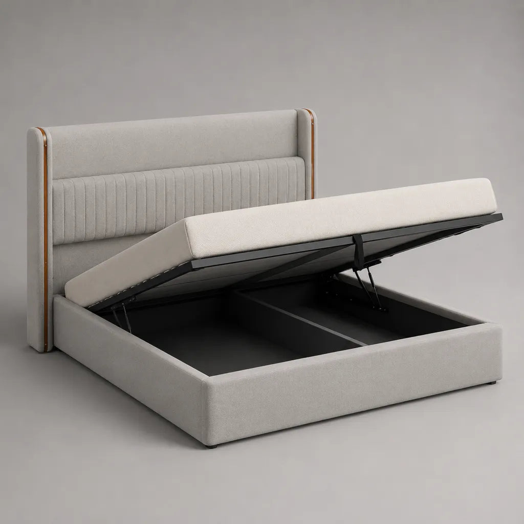 Letto contenitore matrimoniale 160 x 200 cm in microfibra grigio chiaro con testiera imbottita