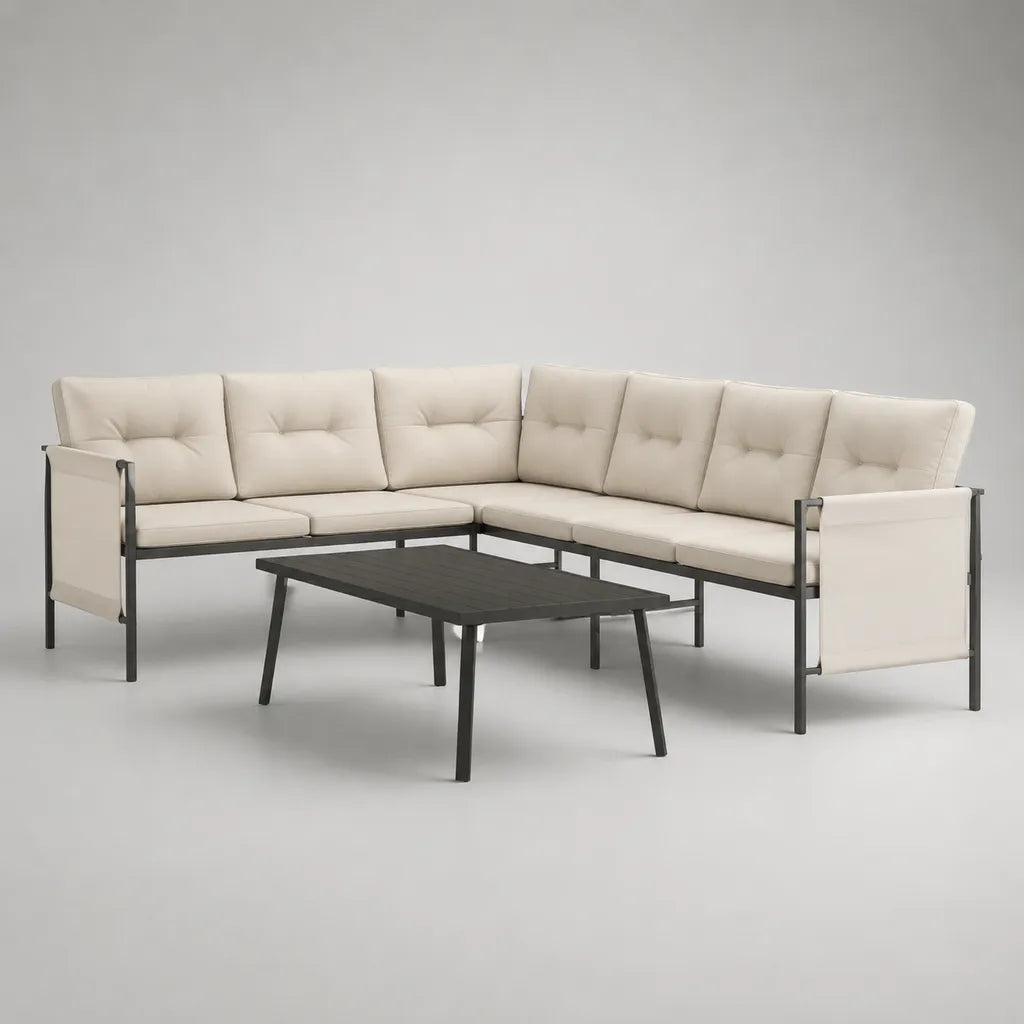 Set divano angolare da esterno a 6 posti in acciaio antracite con cuscini beige, 230 × 230 × 78 cm, con tavolino 110 × 60 × 42 cm