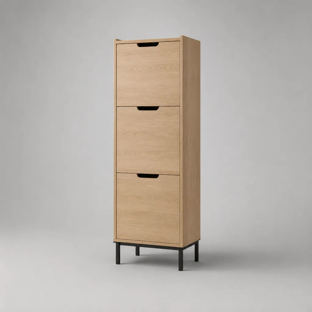 Scarpiera rettangolare in legno a 3 ante a ribalta con gambe in acciaio nero, rovere naturale, 60 x 24 x 160 cm