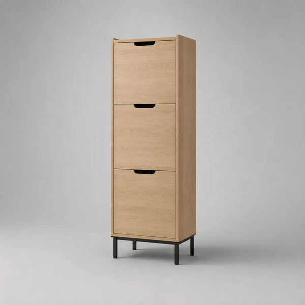 Scarpiera rettangolare in legno a 3 ante a ribalta con gambe in acciaio nero, rovere naturale, 60 x 24 x 160 cm