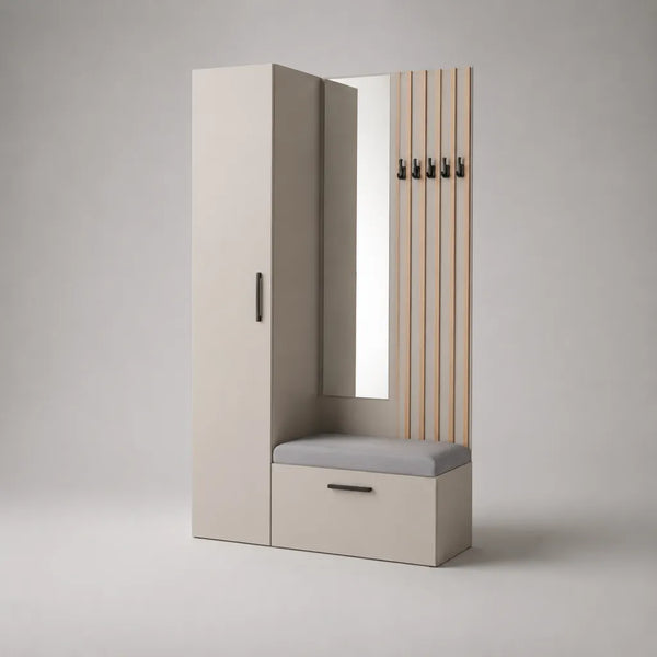 Mobile da ingresso in truciolare beige e rovere chiaro con armadio, panca imbottita, specchio e 5 ganci, 100 × 40 × 190 cm